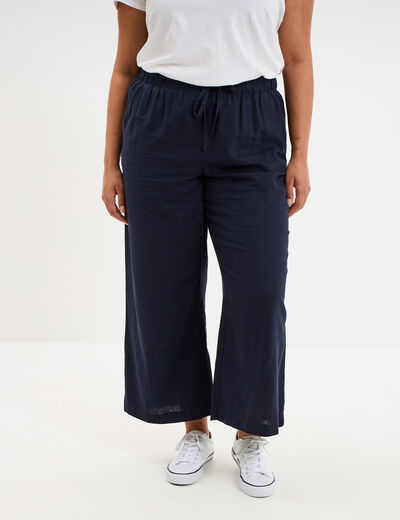 Pantalon large cropped lin m&eacute;lang&eacute; bleu fonc&eacute; femme grande taille