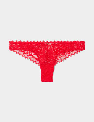 Tanga en dentelle avec bord festonn&eacute; rouge femme