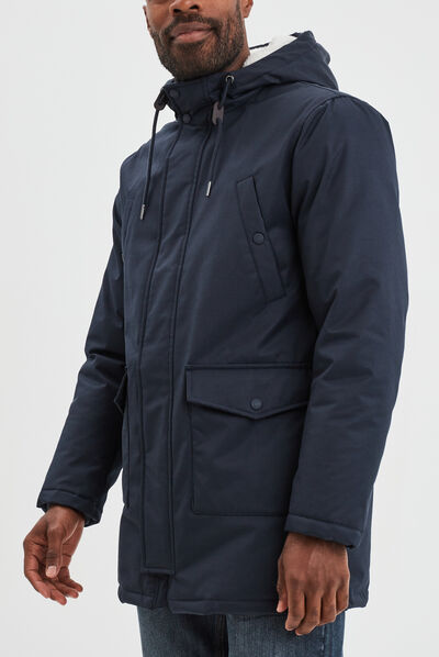 Parka mi-longue à capuche doublée bleu foncé homme