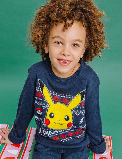 Pull de No&euml;l Pok&eacute;mon Pikachu bleu marine gar&ccedil;on