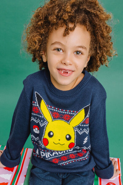Pull de No&euml;l Pok&eacute;mon Pikachu bleu marine gar&ccedil;on