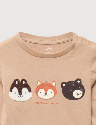 T-shirt &eacute;paule boutonn&eacute;e coton marron clair b&eacute;b&eacute; gar&ccedil;on