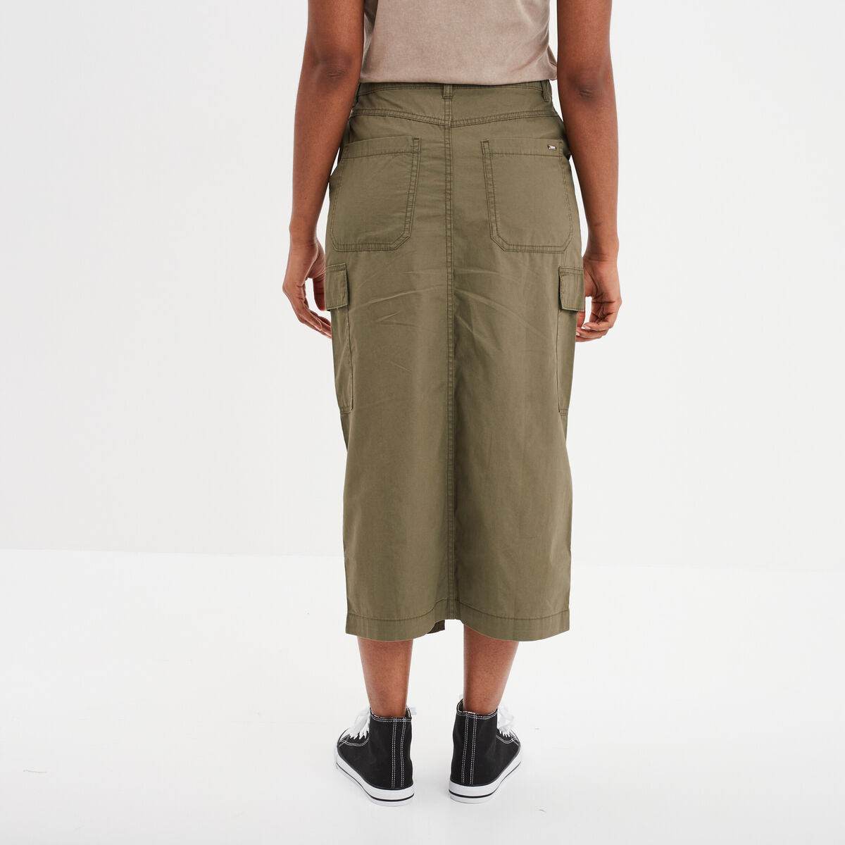 Jupe longue cargo coton vert kaki femme