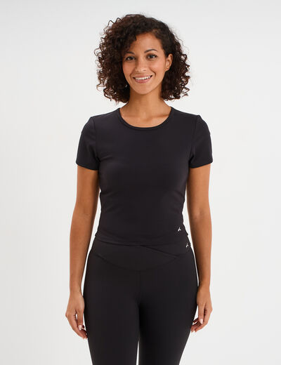 T-shirt de sport court ajust&eacute; noir femme