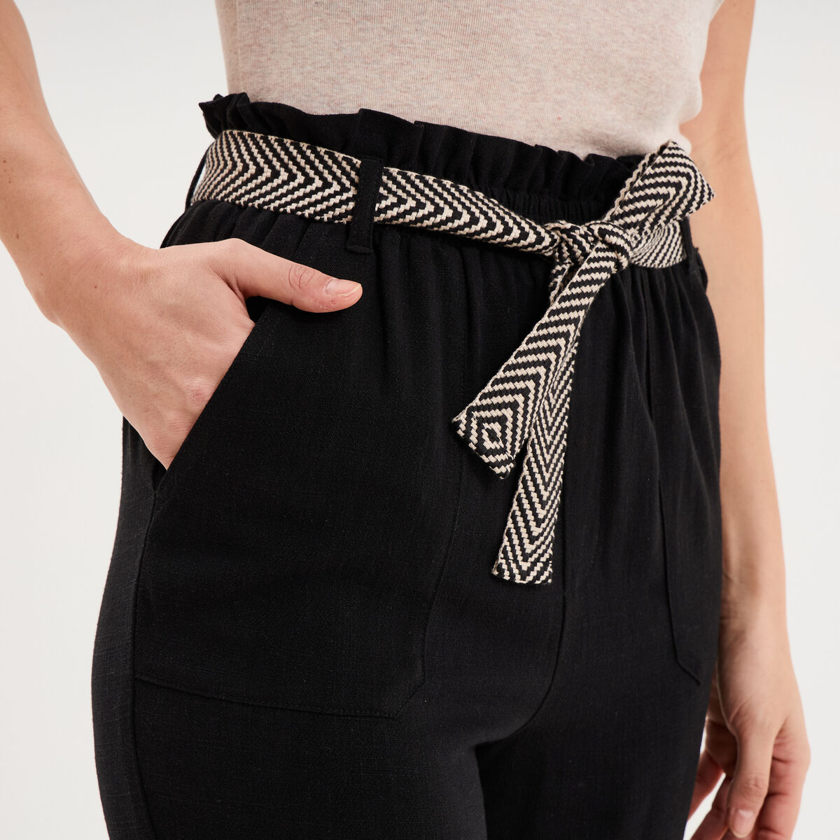 Pantalon paperbag &eacute;lastiqu&eacute; m&eacute;lange lin noir femme