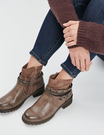 Bottines avec boucles et clous taupe femme