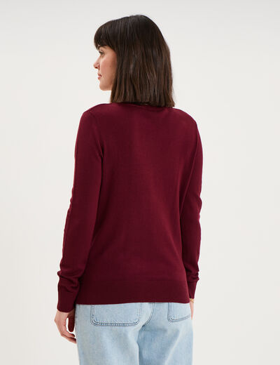 Pull col en V manches longues bordeaux femme