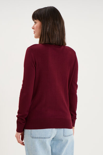 Pull col en V manches longues bordeaux femme