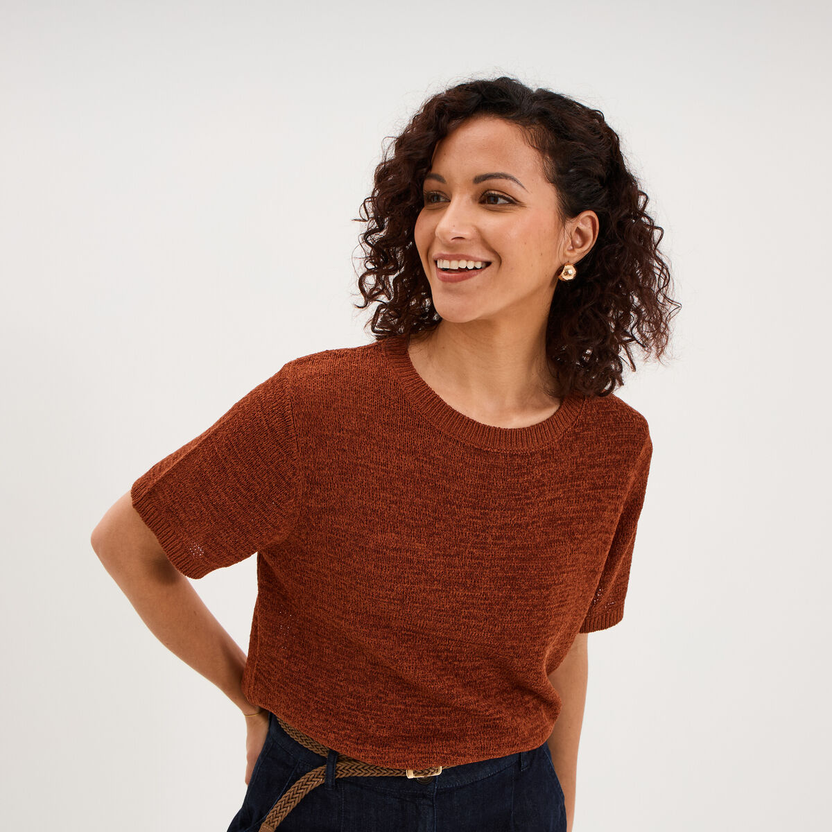 Pull manches courtes col rond camel femme