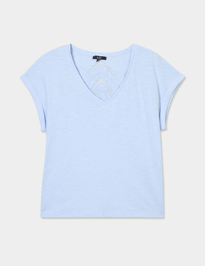 T-shirt dos dentelle brodée coton bleu ciel femme