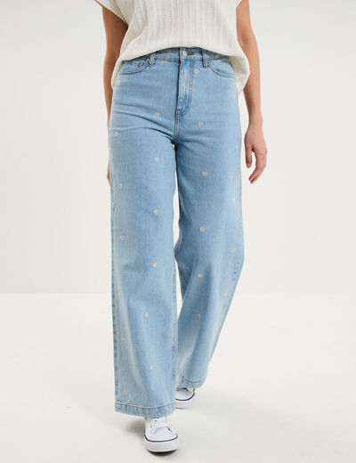Jean large brod&eacute; taille haute coton denim triple stone femme