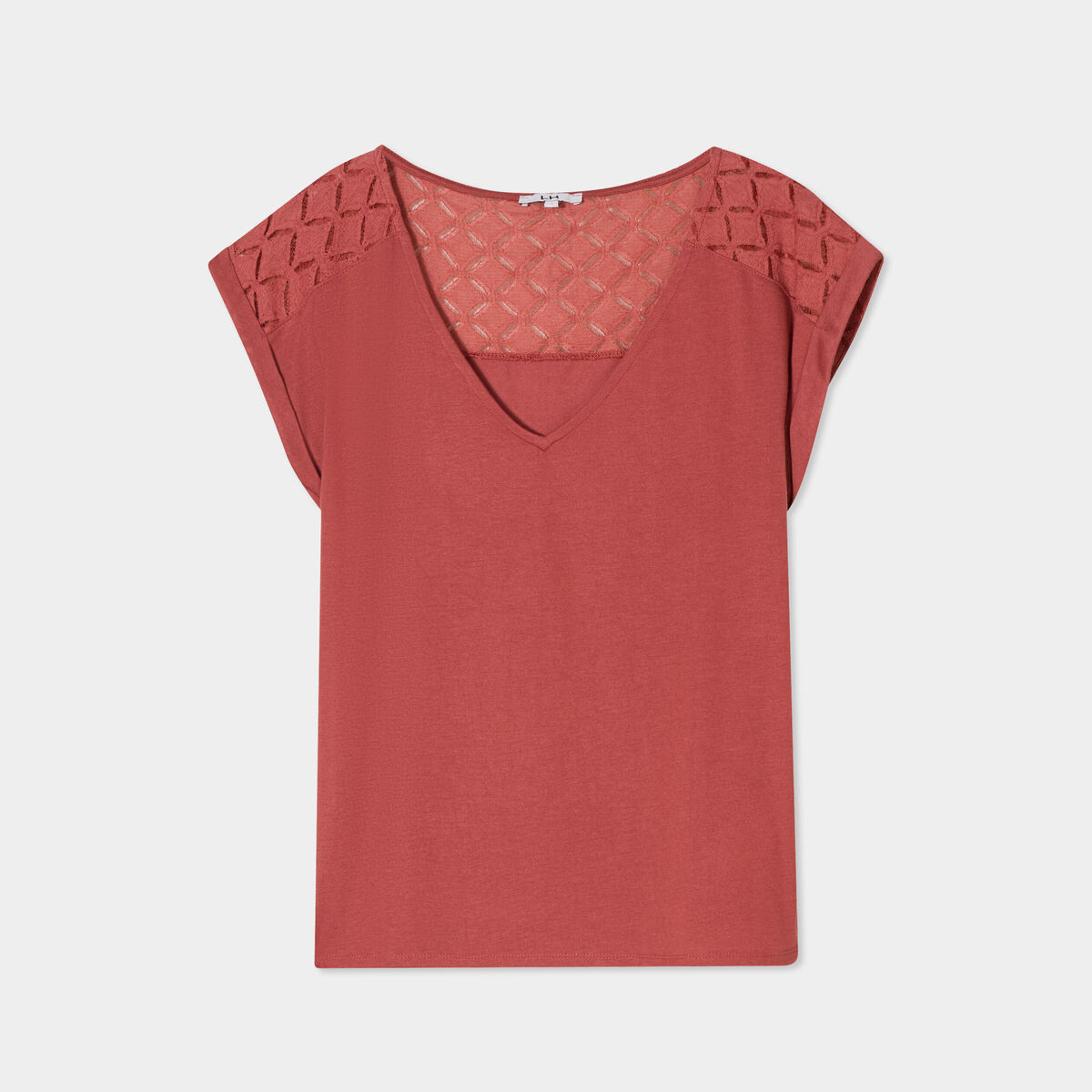 T-shirt col en V dentelle épaules et dos vieux rose femme