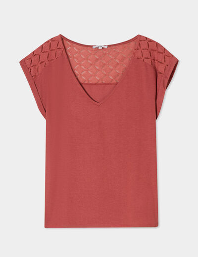 T-shirt col en V dentelle épaules et dos vieux rose femme