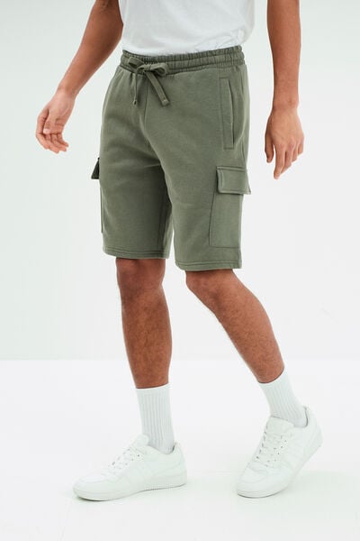 Bermuda cargo molleton taille &eacute;lastiqu&eacute;e vert kaki homme