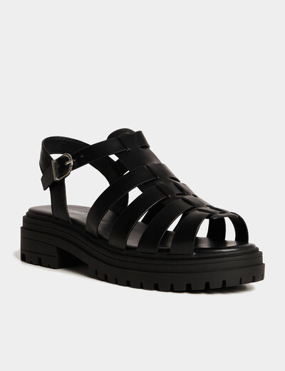 Sandales semelles crant&eacute;es noir femme