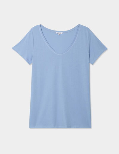 T-shirt col en V manches courtes coton bleu clair femme grande taille
