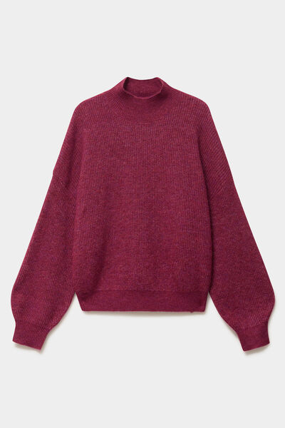 Pull col montant manches longues amples rouge fonc&eacute; femme