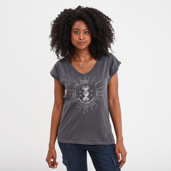T-shirt coton col en V manches courtes gris clair femme