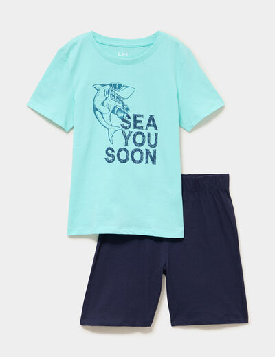 Ensemble pyjama short et t-shirt coton bleu turquoise gar&ccedil;on