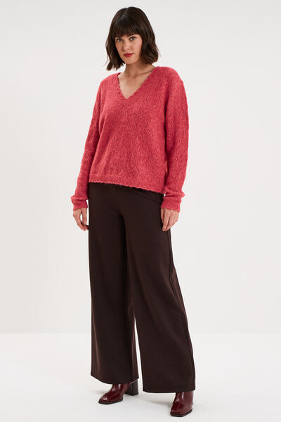 Pull col V ajour&eacute; manches longues rose cerise femme