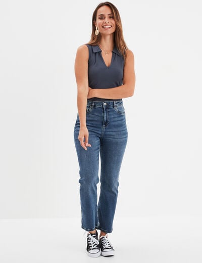 T-shirt coton sans manches col polo bleu gris femme