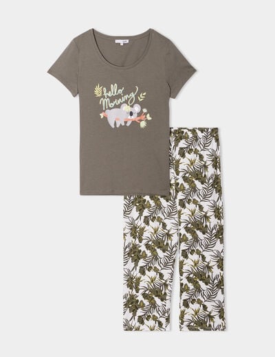 Ensemble pyjama corsaire 2 pièces coton vert kaki femme