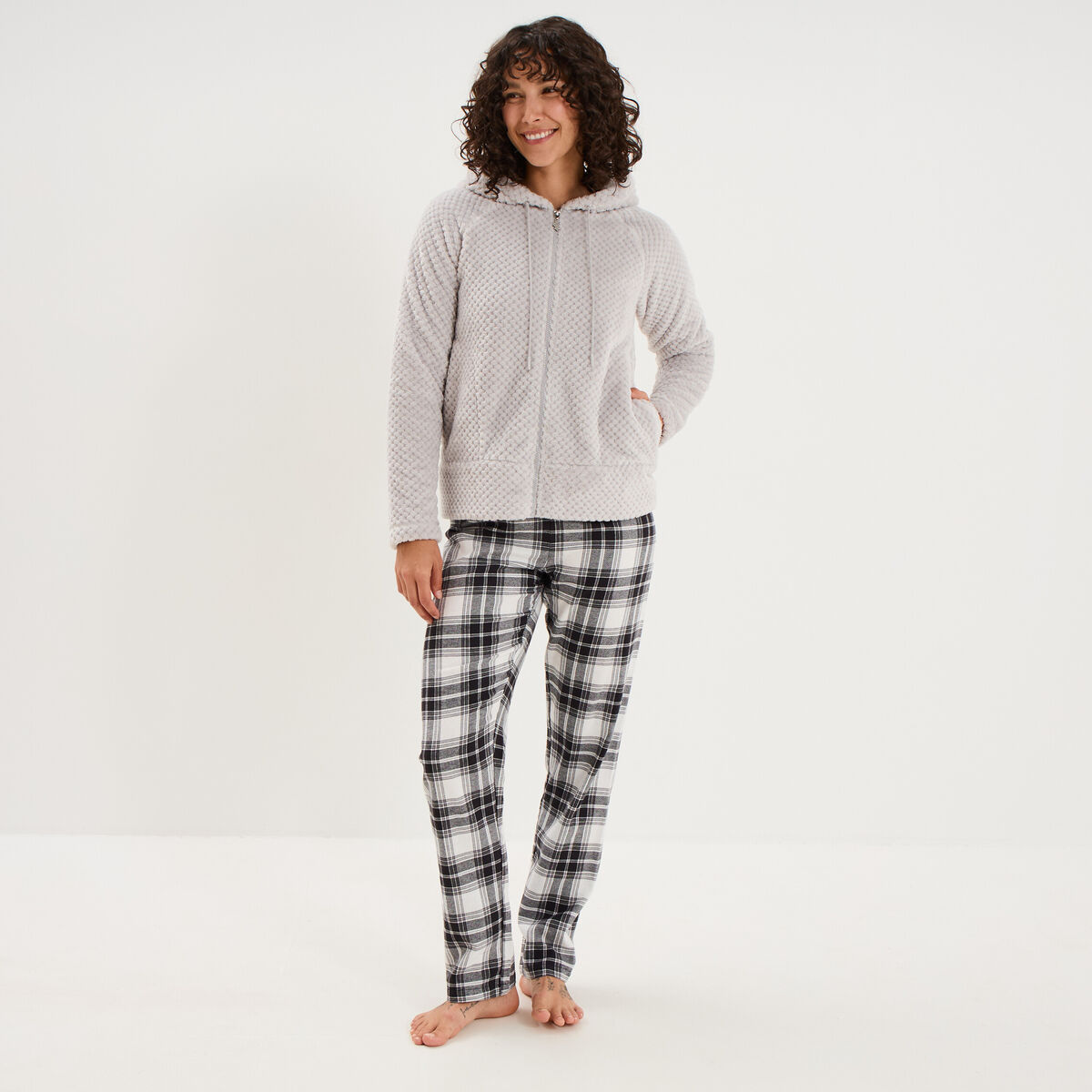 Veste de pyjama effet polaire gris clair femme
