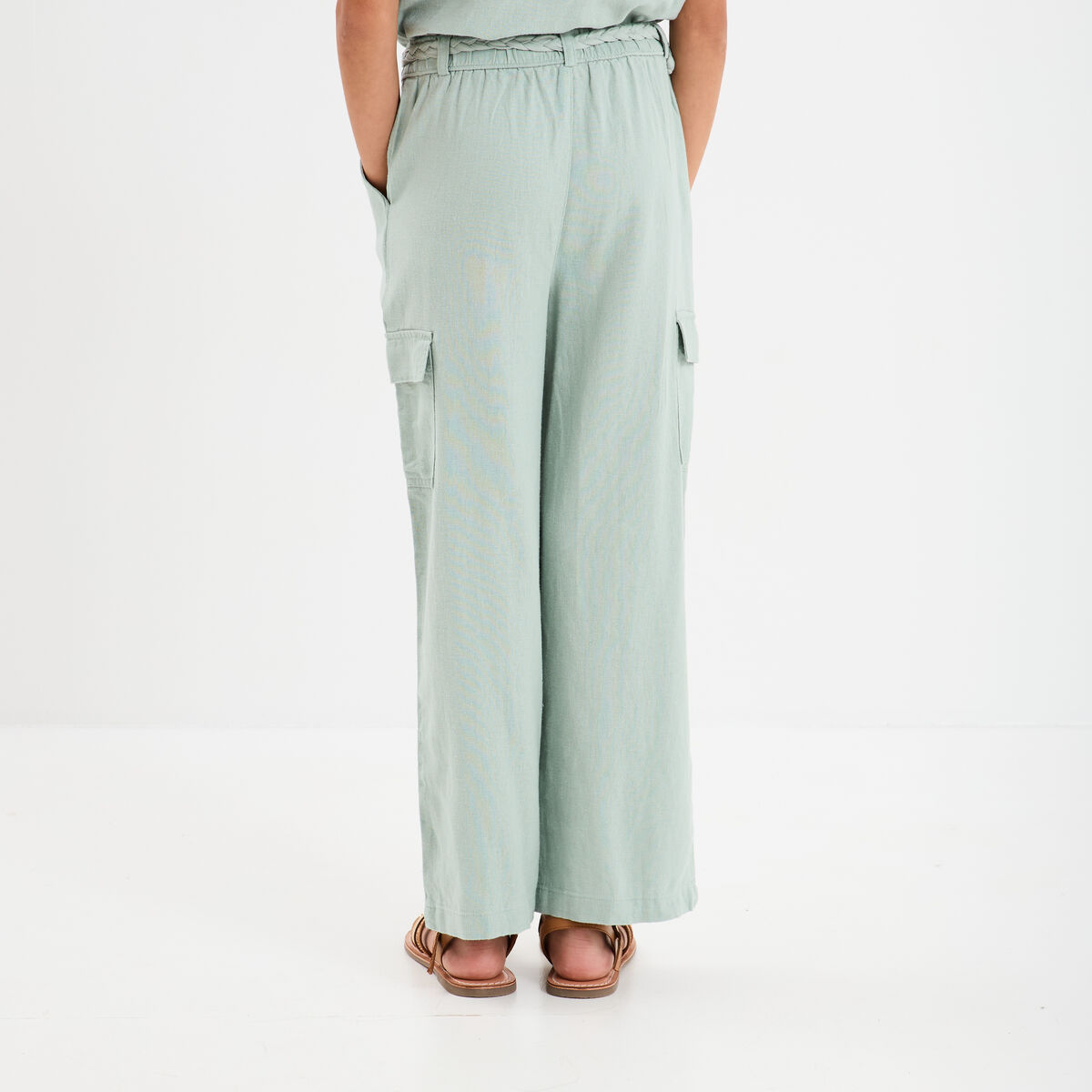 Pantalon large lin m&eacute;lang&eacute; ceintur&eacute; vert pastel fille