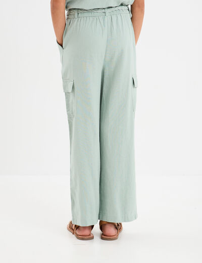 Pantalon large lin m&eacute;lang&eacute; ceintur&eacute; vert pastel fille
