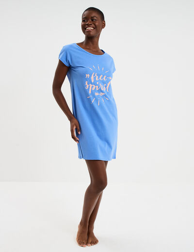 Chemise de nuit courte coton bleu electrique femme