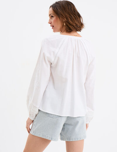 Blouse manches ballons brodées blanc femme