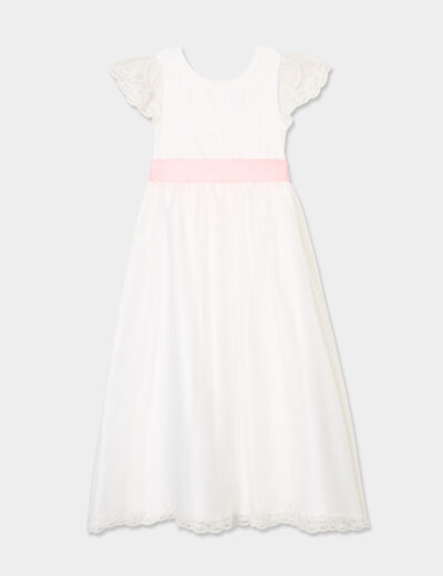 Robe longue tulle brodée avec ceinture ivoire fille