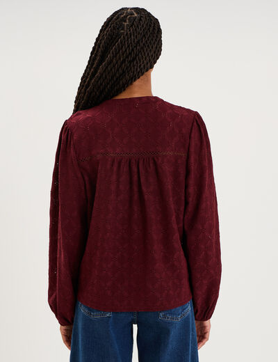 Blouse broderie anglaise col tunisien violet fonc&eacute; femme