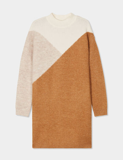 Robe pull col montant manches longues sable femme