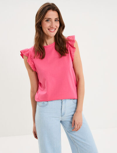 D&eacute;bardeur volants broderie anglaise rose fushia femme