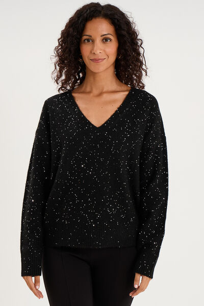 Pull droit &agrave; sequins et col en V noir femme
