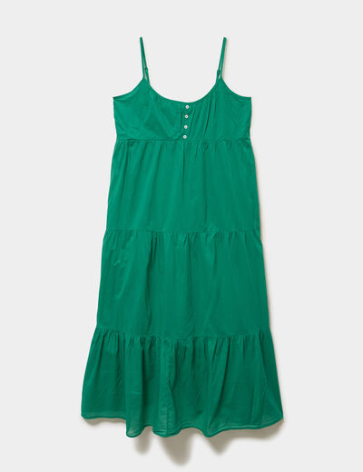 Robe longue &agrave; volants fines bretelles vert canard femme