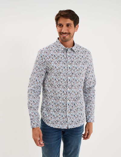 Chemise droite imprim&eacute;e manches longues ecru homme