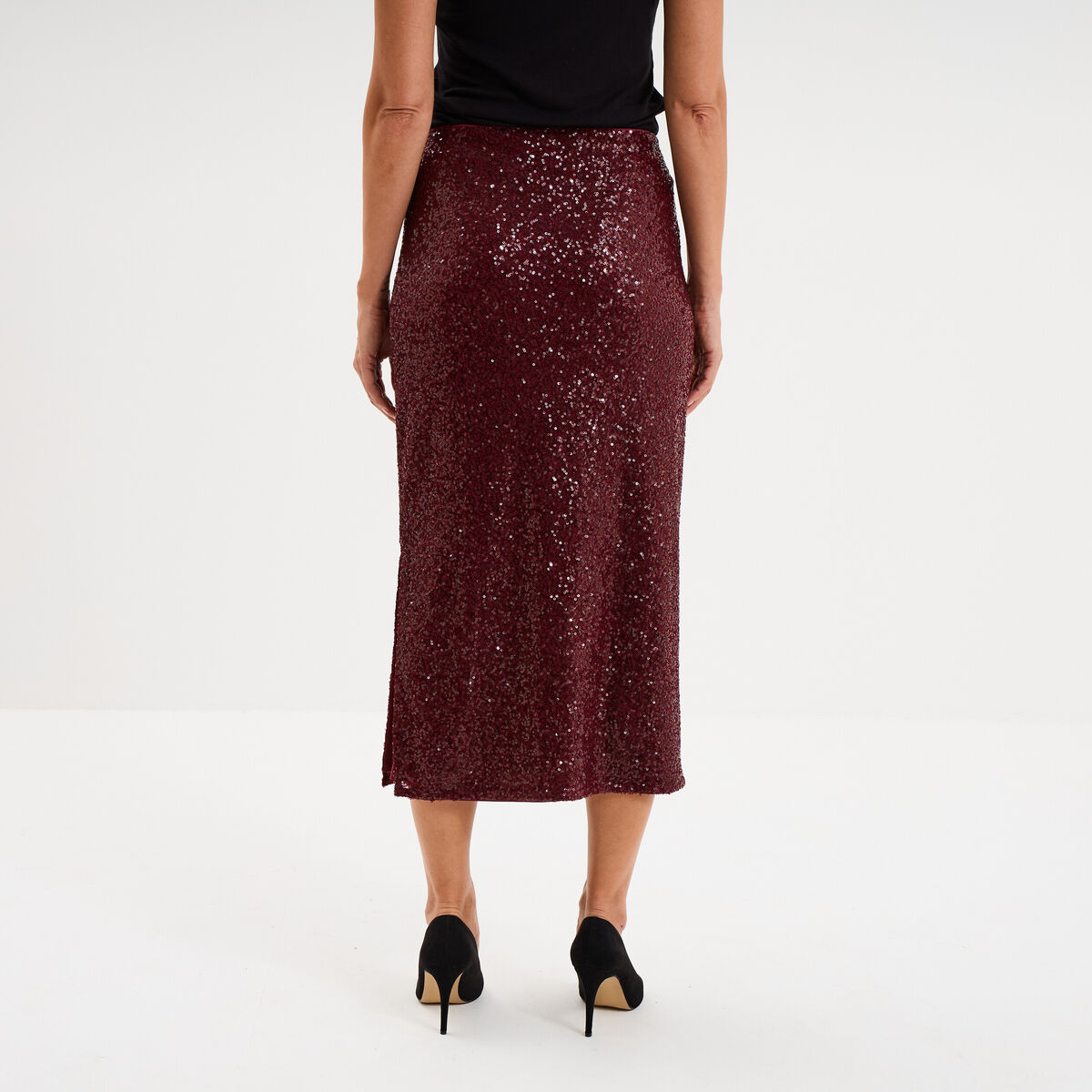 Jupe longue &agrave; sequins rouge fonc&eacute; femme