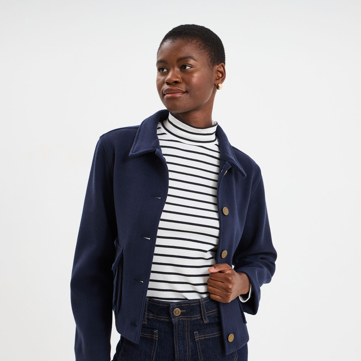 Blouson boutonn&eacute; 2 poches bleu fonc&eacute; femme