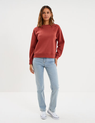 Sweat ajour&eacute; avec broderie col rond vieux rose femme