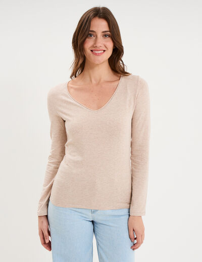 T-shirt manches longues col en V coton beige femme