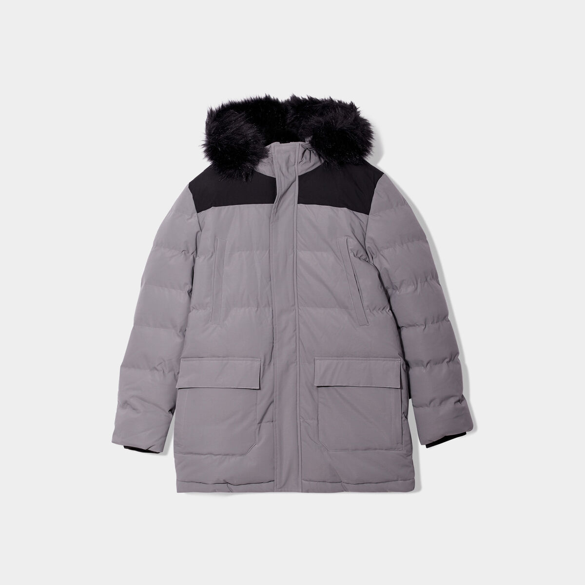 Doudoune mi-longue à capuche fourrure gris homme