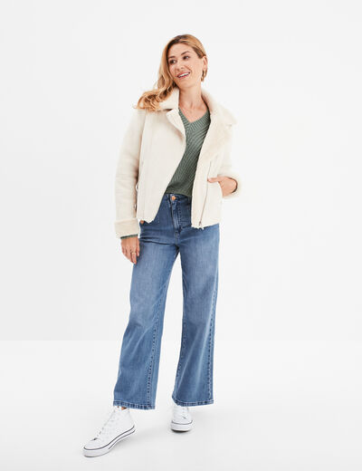 Veste col aviateur zippée doublée beige femme