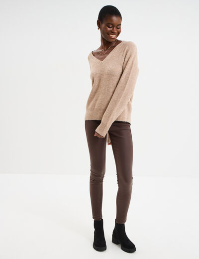 Pull col V &agrave; paillettes et sequins beige femme
