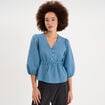 Blouse cintr&eacute;e col V manches 3/4 blanc femme
