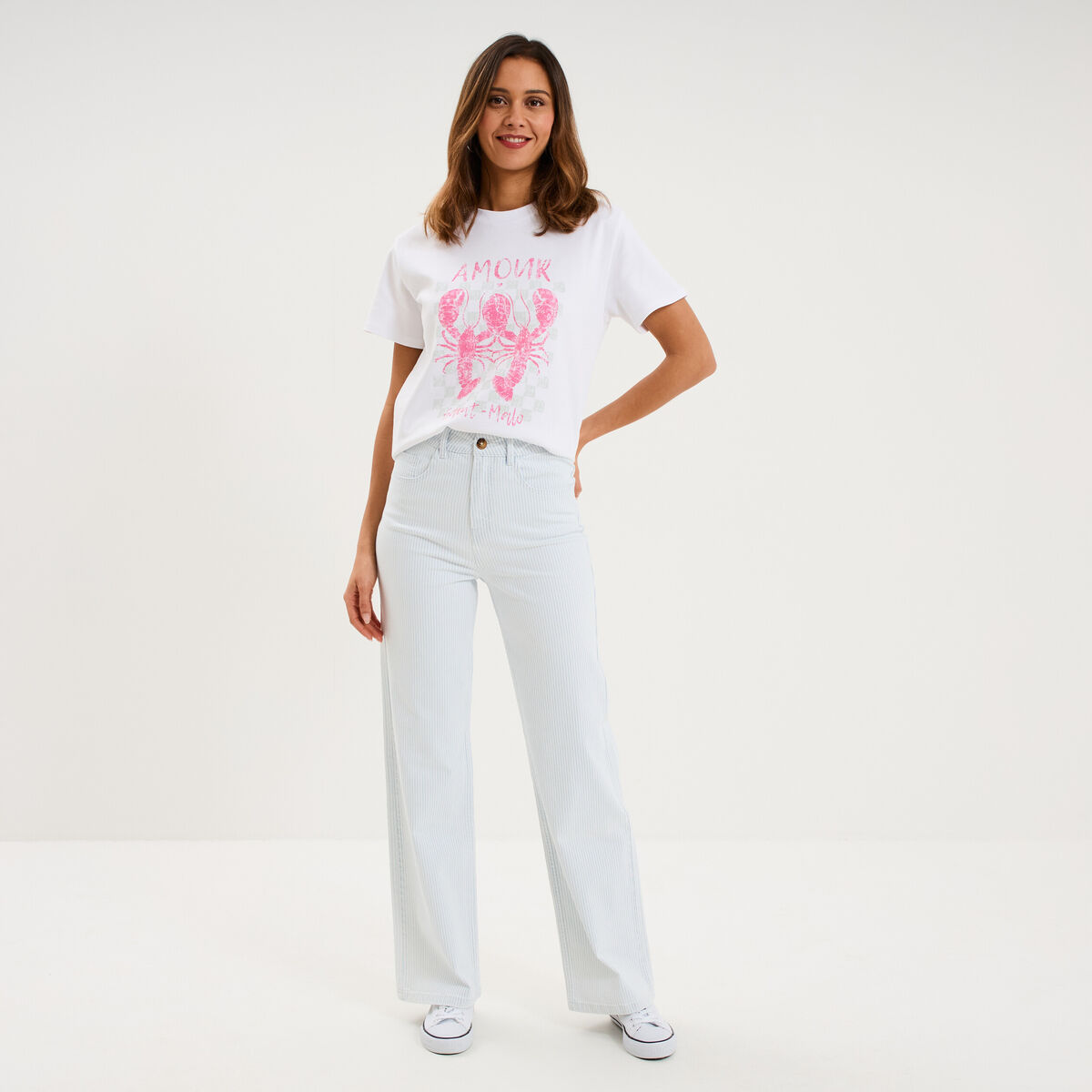 Jean droit taille haute coton blanc femme