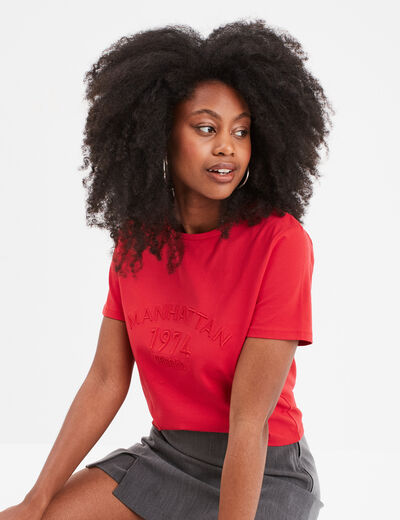 T-shirt cropped ajusté broderie Creeks rouge femme