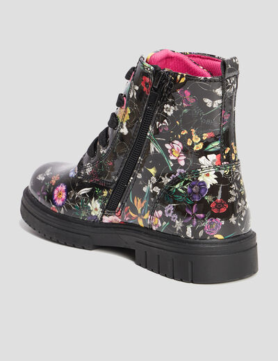 Bottines vernies crantées motif fleurs noir fille