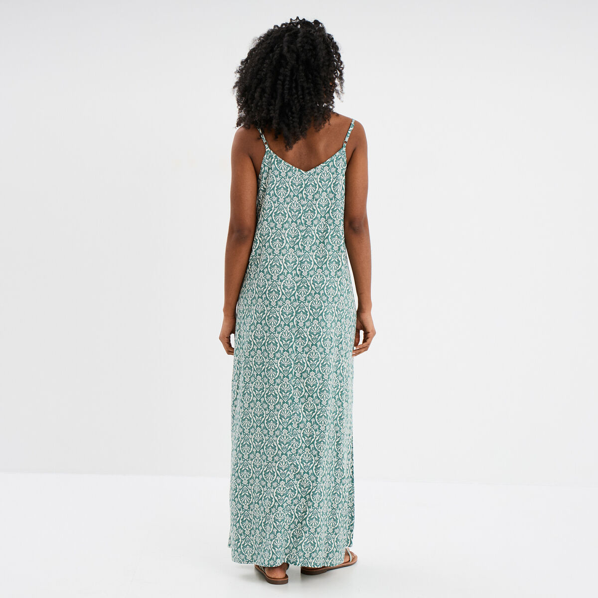 Robe longue droite fluide à bretelles vert turquoise femme